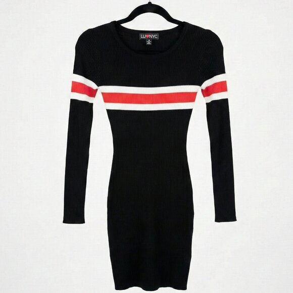 LUVNYC Dresses & Skirts - LUV NYC Black Red White Striped Ribbed Long Sleeve Bodycon Mini Dress Small